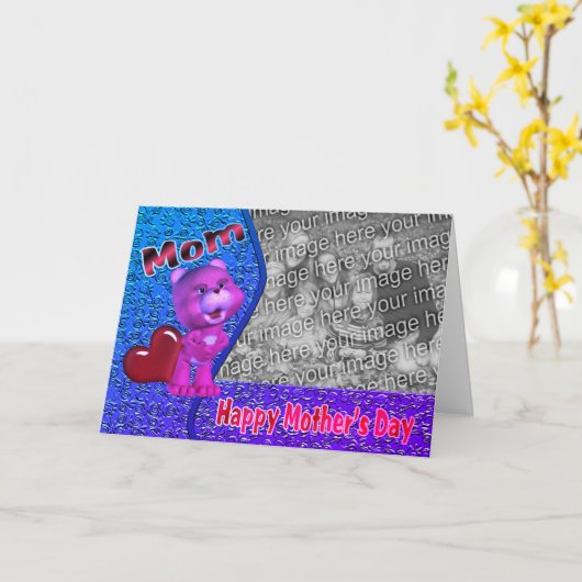 かわいいピンクのクマ母の日の写真カード カード (黄色い花)