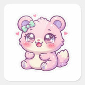 かわいいピンクのクマ パステルちび子猫ハートS スクエアシール (正面)