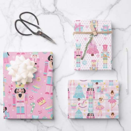 かわいいピンクのクリスマスくるみクラッカーバレエ ラッピングペーパーシート (正面)