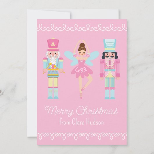 かわいいピンクのクリスマスくるみクラッカー シーズンカード (正面)