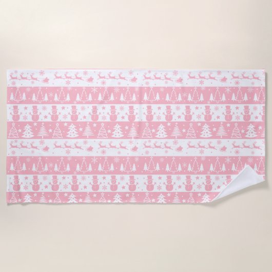 かわいいピンクのクリスマスの冬 ビーチタオル (正面)