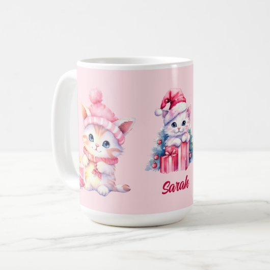 かわいいピンクのクリスマスの子猫カスタムたち コーヒーマグカップ (正面左)