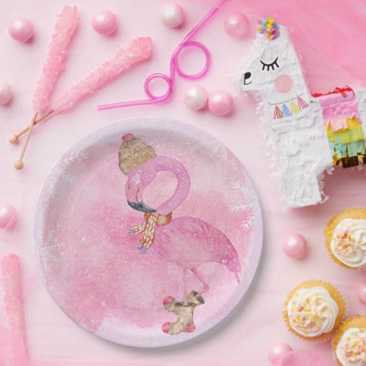 かわいいピンクのクリスマスウィンターフラミンゴ ペーパープレート (パーティー)