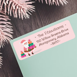 かわいいピンクのクリスマスサンタクロースがプレゼントを持っている ラベル