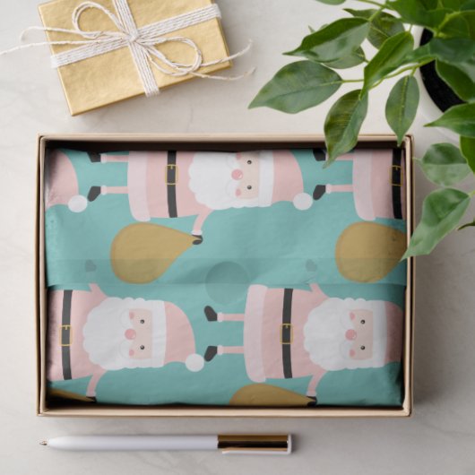 かわいいピンクのクリスマスサンタパターお洒落ンティール（緑がかった色） 薄葉紙 (ギフト)