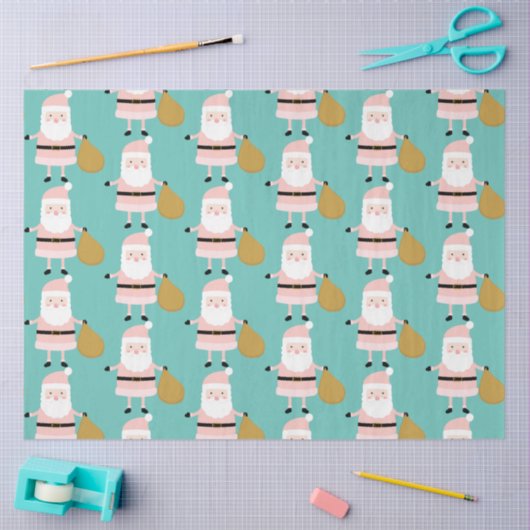 かわいいピンクのクリスマスサンタパターお洒落ンティール（緑がかった色） 薄葉紙 (クラフト)