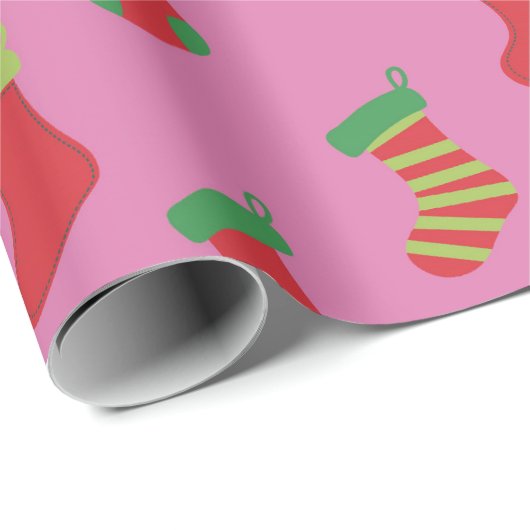 かわいいピンクのクリスマスストッキングパターン女の子のクリスマス ラッピングペーパー (ロールコーナー)