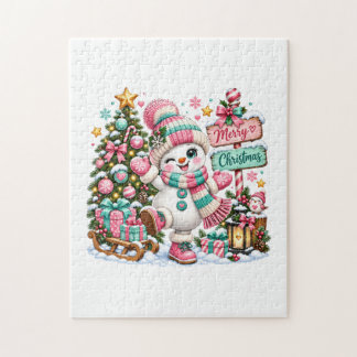 かわいいピンクのクリスマススノーマン ジグソーパズル