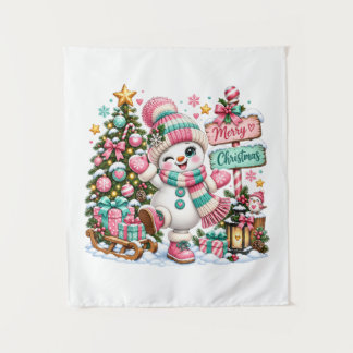 かわいいピンクのクリスマススノーマン タペストリー