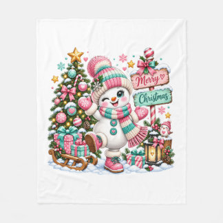 かわいいピンクのクリスマススノーマン フリースブランケット