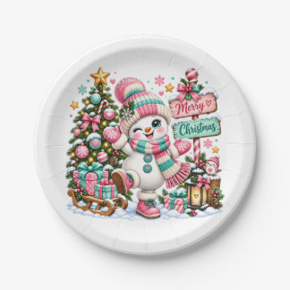 かわいいピンクのクリスマススノーマン ペーパープレート