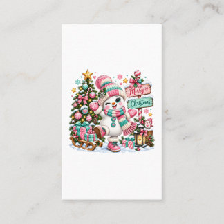 かわいいピンクのクリスマススノーマン 名刺
