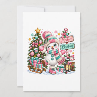 かわいいピンクのクリスマススノーマン 案内状