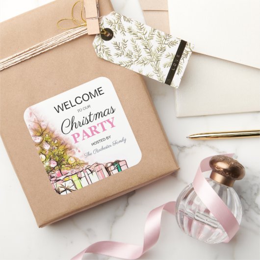 かわいいピンクのクリスマスツリーホリデーパーティーウェルカム スクエアシール (ギフト)