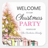かわいいピンクのクリスマスツリーホリデーパーティーウェルカム スクエアシール (正面)