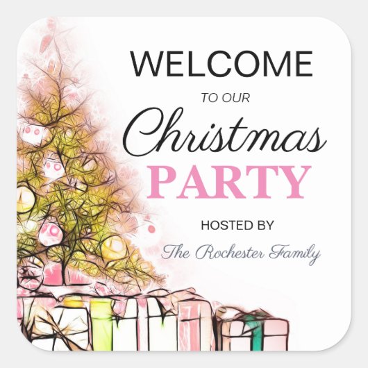 かわいいピンクのクリスマスツリーホリデーパーティーウェルカム スクエアシール (正面)