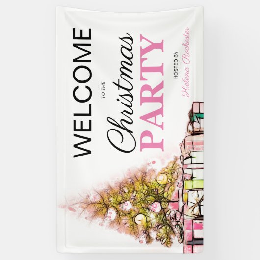 かわいいピンクのクリスマスツリーホリデーパーティーウェルカム 横断幕 (縦)
