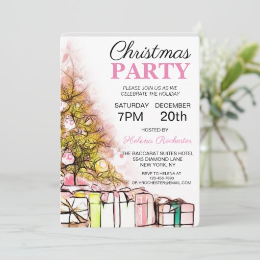 かわいいピンクのクリスマスツリー&プレゼント休日 招待状 (スタンド正面)