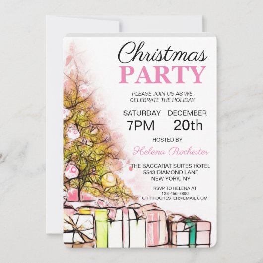 かわいいピンクのクリスマスツリー&プレゼント休日 招待状 (正面)