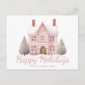 かわいいピンクのクリスマスハウスニューホームアドレス シーズンポストカード (正面)