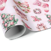 かわいいピンクのクリスマスパターお洒落ン – ホリデーデ ラッピングペーパー (ロールコーナー)