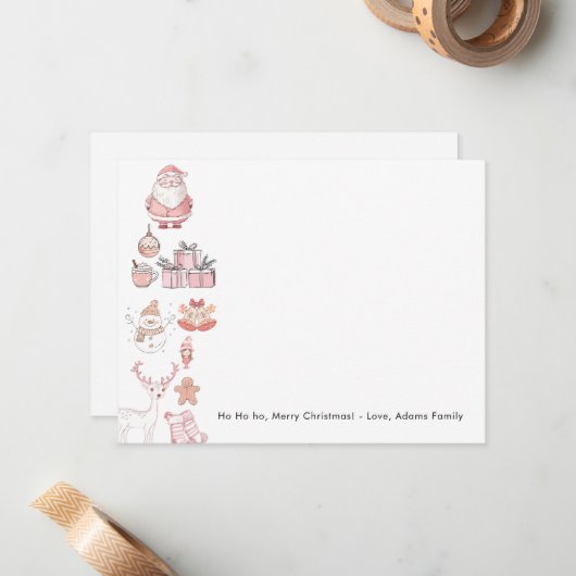 かわいいピンクのクリスマスファミリー ノートカード (正面/裏面インサイチュ)