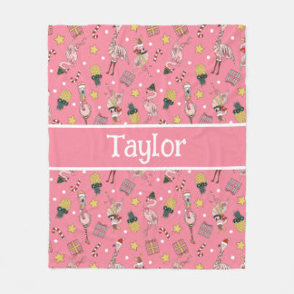 かわいいピンクのクリスマスフラミンゴとパイナップルパターン フリースブランケット