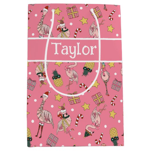 かわいいピンクのクリスマスフラミンゴとパイナップルパターン ミディアムペーパーバッグ (正面)