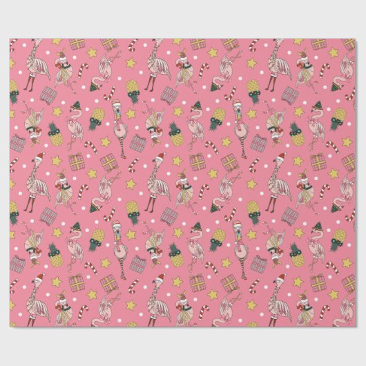 かわいいピンクのクリスマスフラミンゴとパイナップルパターン ラッピングペーパー (フラット)