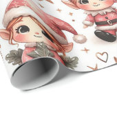 かわいいピンクのクリスマス小妖精や小人 ラッピングペーパー (ロールコーナー)
