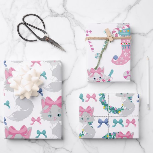 かわいいピンクのクリスマス猫 ラッピングペーパーシート (正面)