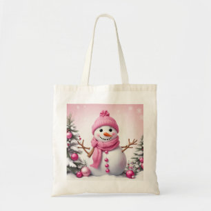 かわいいピンクのクリスマス雪だるま トートバッグ