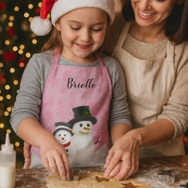 かわいいピンクのクリスマス雪だるま 子供用名前入りのエプロン エプロン
