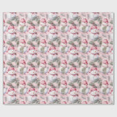 かわいいピンクのクリスマス雪だるま&緑 ラッピングペーパー (フラット)