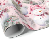 かわいいピンクのクリスマス雪だるま&緑 ラッピングペーパー (ロールコーナー)