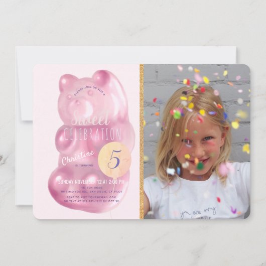 かわいいピンクのグミベア甘いお菓子フォト誕生日 招待状 (正面)