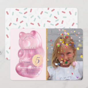 かわいいピンクのグミベア甘いお菓子フォト誕生日 招待状