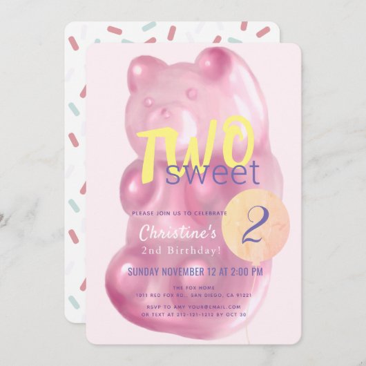 かわいいピンクのグミベア2つの甘い女の子2歳の誕生日 招待状 (正面/裏面)