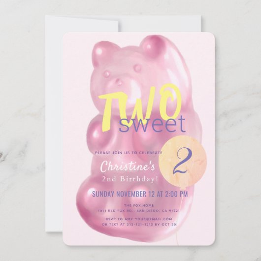 かわいいピンクのグミベア2つの甘い女の子2歳の誕生日 招待状 (正面)