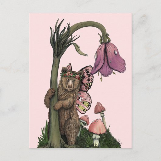 かわいいピンクのグリズリーベアの妖精が森の森に ポストカード (正面)