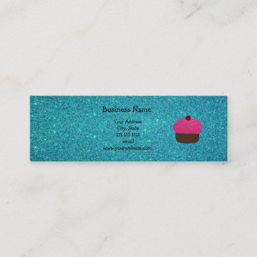 かわいいピンクのグリッターのカップケーキのターコイズのグリッター スキニー名刺 (正面)
