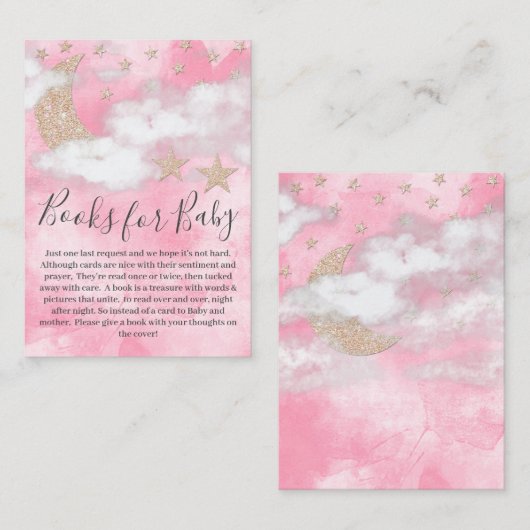 かわいいピンクのグリッタームーンスターが赤ちゃんシャワー用の本 エンクロージャーカード (正面/裏面)
