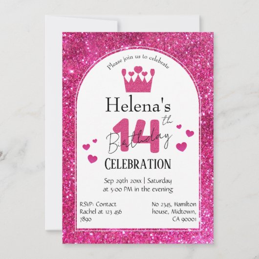かわいいピンクのグリッター 14歳の誕生日おめでとう 招待状 (正面)