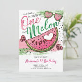 かわいいピンクのグリーン1日のメロンの誕生日 招待状 (スタンド正面)