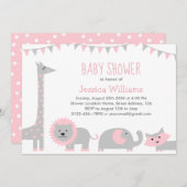 かわいいピンクのグレー動物ベビーシャワー招待状女の子 招待状 (正面/裏面)