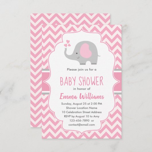かわいいピンクのグレー象の女の子の赤ちゃんシャワー 招待状 (正面/裏面)