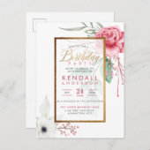 かわいいピンクのグーアッシュ花植物誕生日パーティー インビテーションポストカード (正面/裏面)