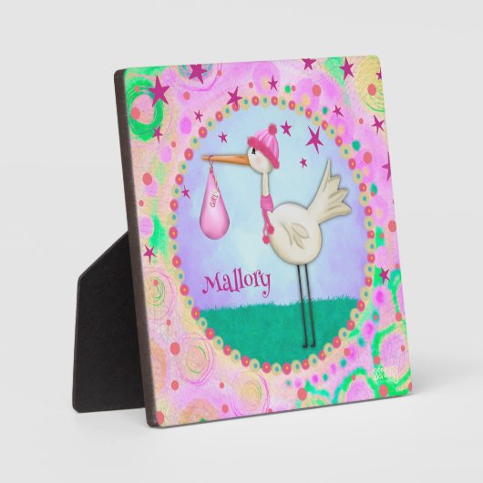 かわいいピンクのコウノトリパーソナライズされたの吸光 フォトプラーク (正面)