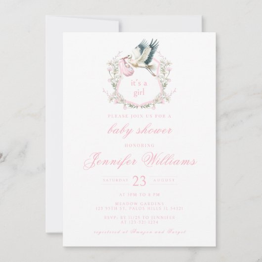 かわいいピンクのコウノトリ赤ちゃんガールシャワー招待状 招待状 (正面)