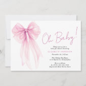 かわいいピンクのコケット弓水カラー赤ちゃん女の子シャワー 招待状 (正面)